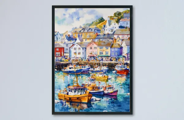 Brixham Watercolor Travel Poster, United Kingdom
