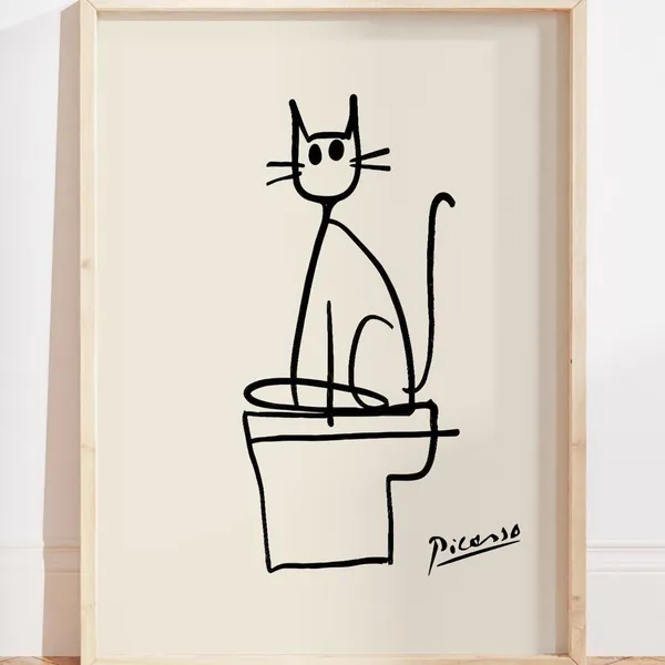 Black Cat on a Toilet, Picasso-Inspired Line Art