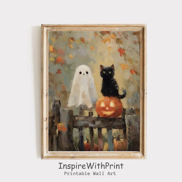 Black Cat Halloween Print, Autumn Cottagecore Decor