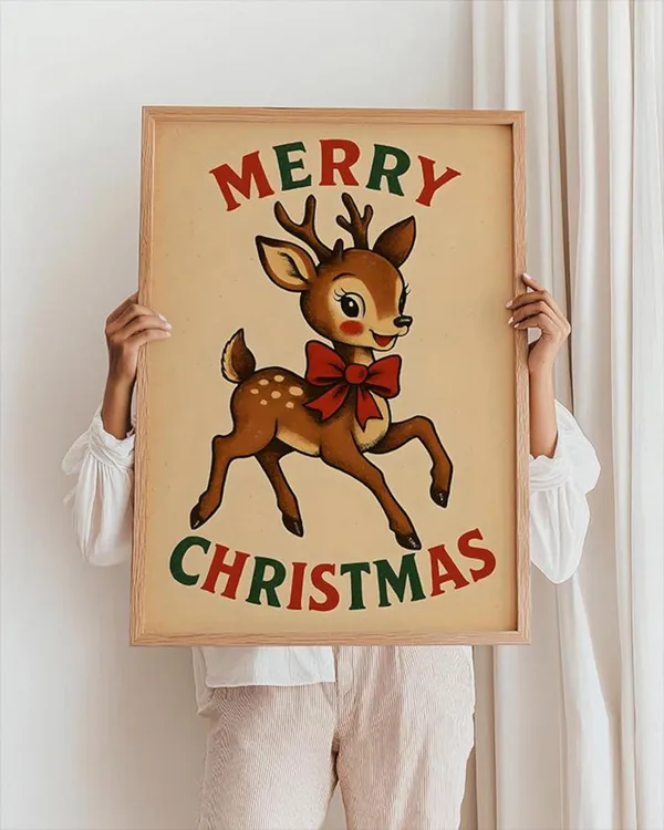 Baby Reindeer Retro Christmas Art Print