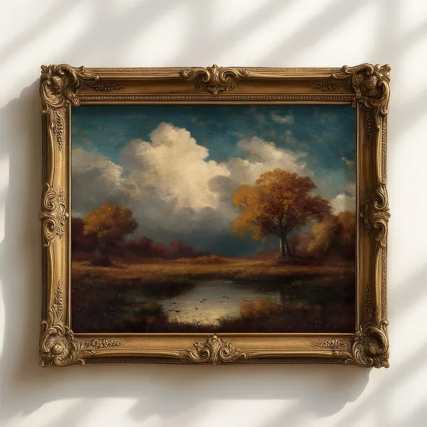Autumn Landscape Art Print, Rustic Countryside Meadow