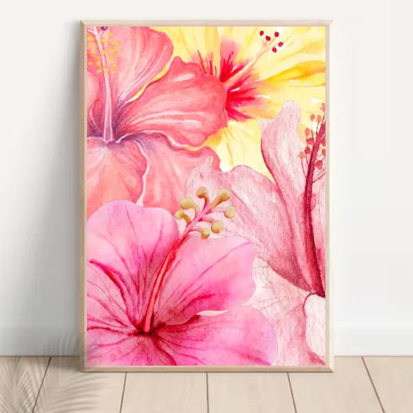 Watercolor Hibiscus Floral Art Print, Tropical Decor