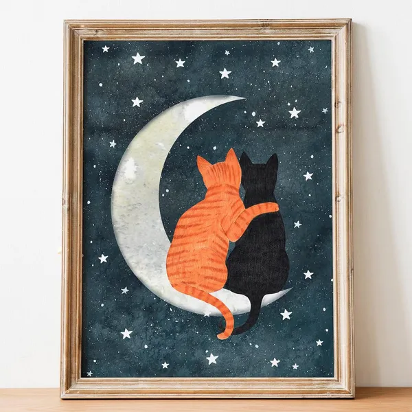 Black Cat Moon Art Print, Pet Memorial Decor