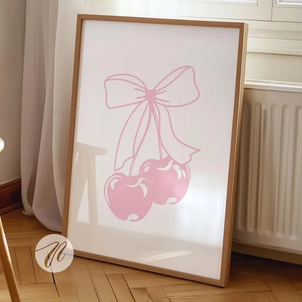 Pink Bow Cherry Art Print, Preppy Wall Decor