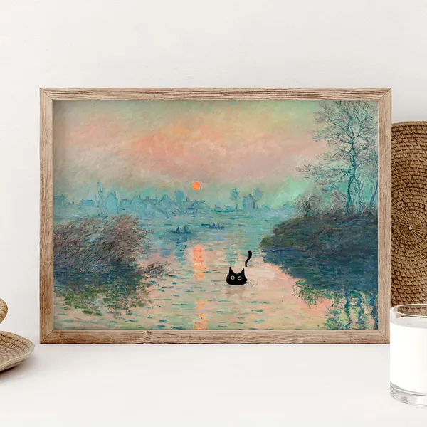Black Cat Sunrise River, Monet-Inspired Art Print