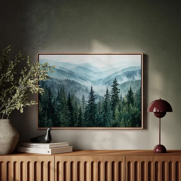 Misty Forest Art Print, Foggy Mountain Landscape