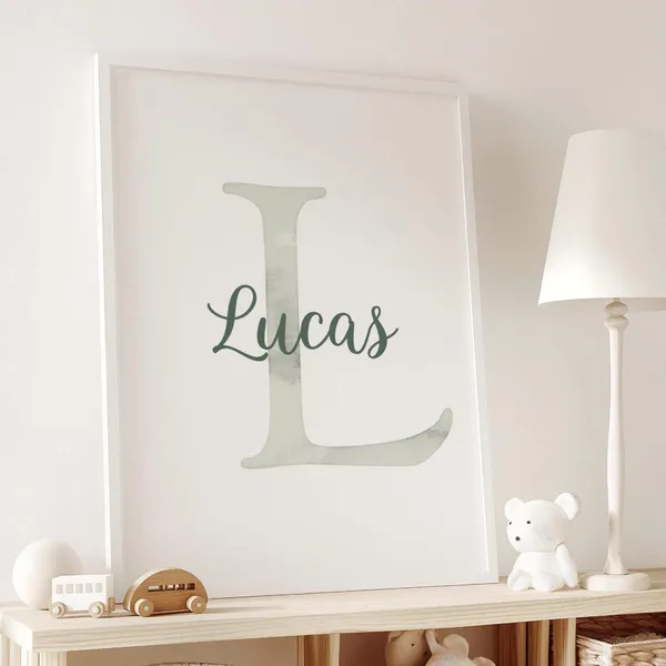 Boy Initial Neutral Nursery Decor Watercolor Art Print
