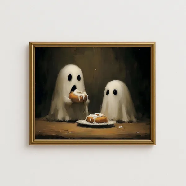 Cute Eating Cinnamon Roll Art Print, Spooky Autumn