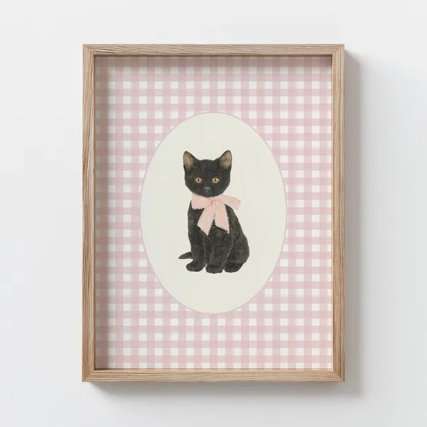 Black Kitten Pink Gingham Nursery Art Print