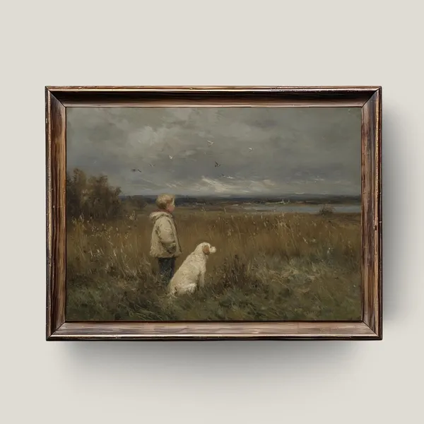 Boy And Dog Autumn Landscape Art Print, Farmhouse