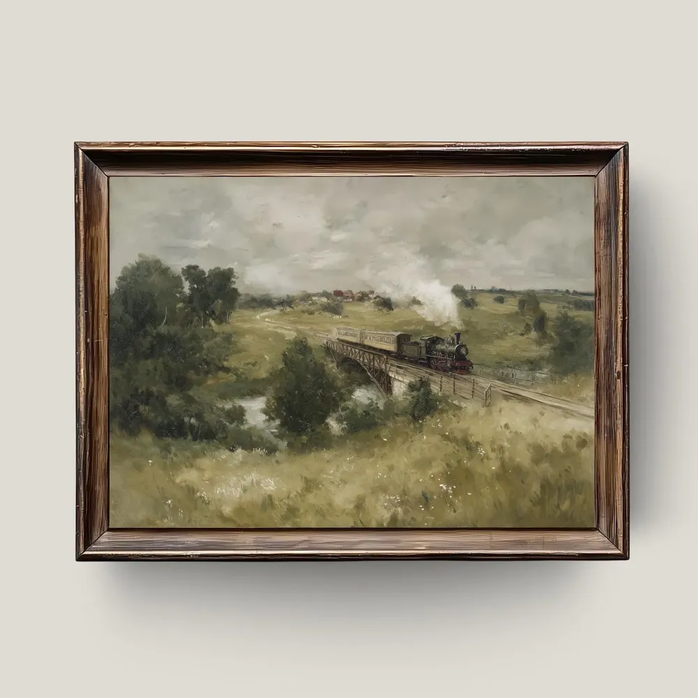 Vintage Steam Train Art Print, Rustic Countryside Railway