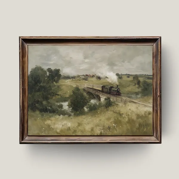Vintage Steam Train Art Print, Rustic Countryside Railway