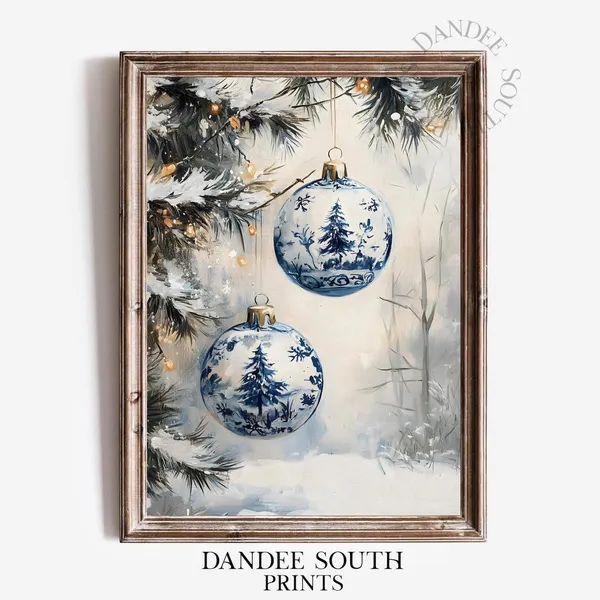 Blue Toile Christmas Ornaments, Chinoiserie Decor Art Print
