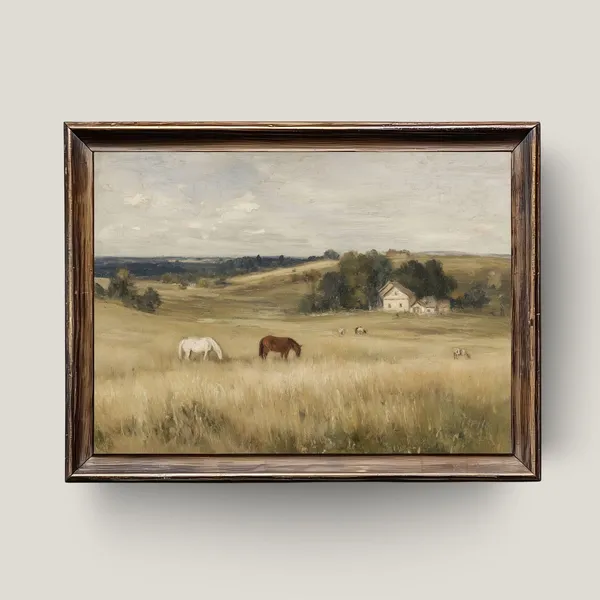 Rustic Horses Meadow Vintage Farmhouse Art Print