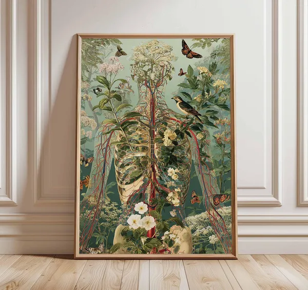 Human Torso Skeleton Botanical Butterflies Anatomy Art Poster