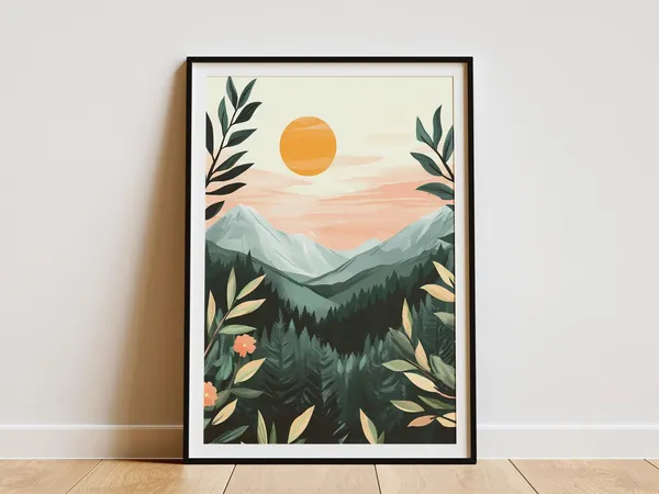 Sunrise Mountain Forest Poster, Minimalist Nature Art Print