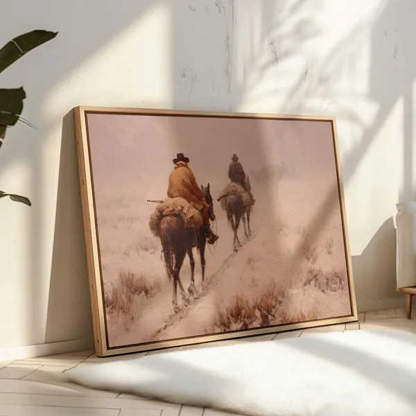 Western Cowboy Winter Ride Art Print, Rustic Americana