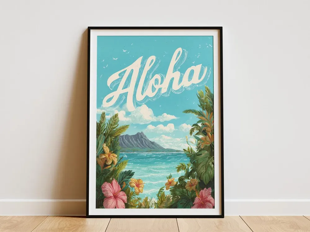 Aloha Hawaii Vintage Travel Poster, Tropical Island Decor