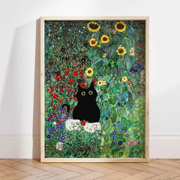 Gustav Klimt Black Cat Garden Print, Floral Gift