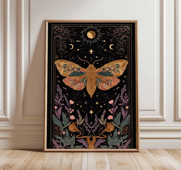 Mystical Moth Poster, Celestial Boho Witchy Decor