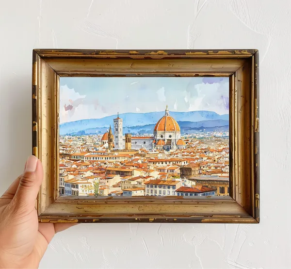Florence Italy Watercolor Travel Poster, Duomo Skyline