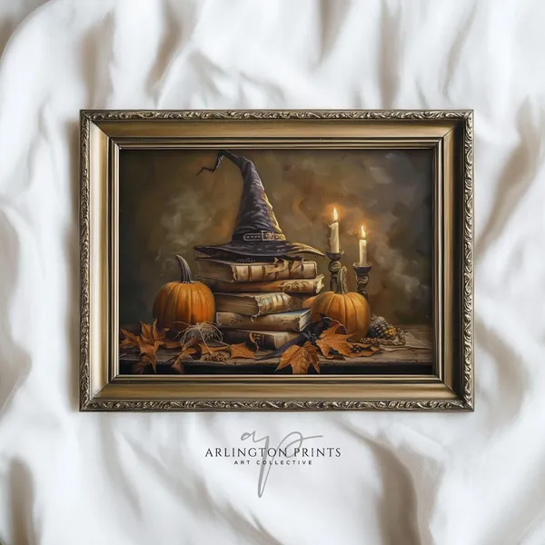 Spooky Halloween Witch Hat and Spell Books Print