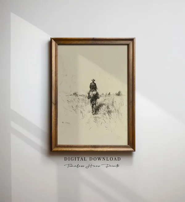 Vintage Cowboy On Horses Sketch Print, Western Rustic