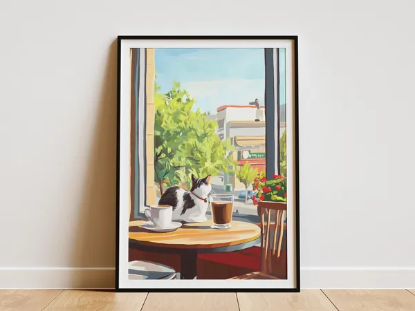 Cat Cafe Art Print, Matisse-Style Coffee Shop Poster