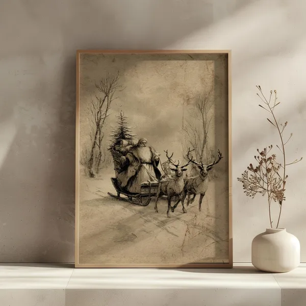 Vintage Santa With Reindeer Sleigh, Christmas Art Print