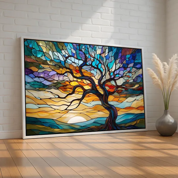 Stained Glass Tree Poster, Vibrant Sunset Landscape