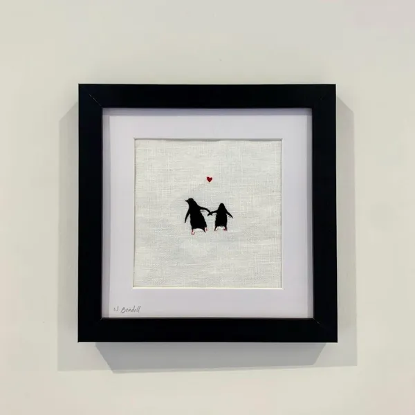 Handpainted Penguins Linen Art Print