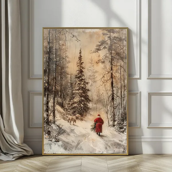 Santa And Reindeer Winter Forest Poster