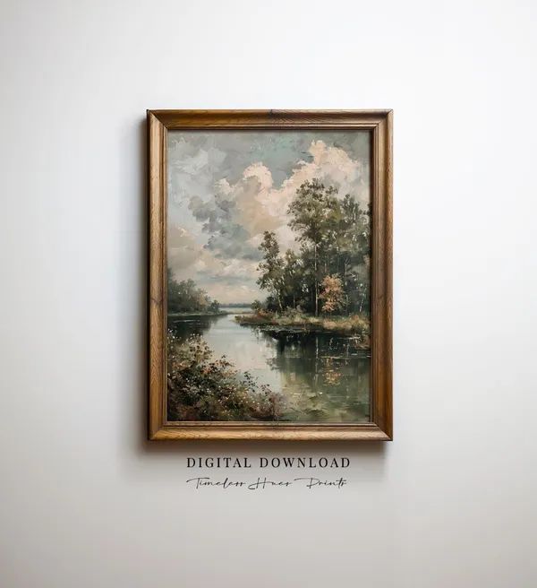 Lakeside Cottage Moody River Art Print, Rustic Farmhouse