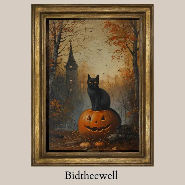 Cat on a Pumpkin Halloween Art Print, Gothic Decor