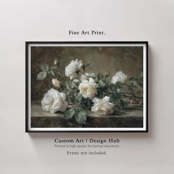 White Rose Botanical Print, Vintage Floral Art