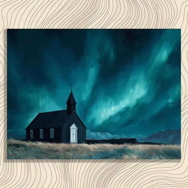 Northern Lights Church, Scandinavian Style Landscape Print
