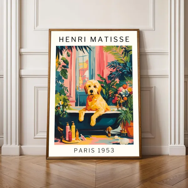 Matisse Golden Doodle Bathtub Vintage Gouache Art Print