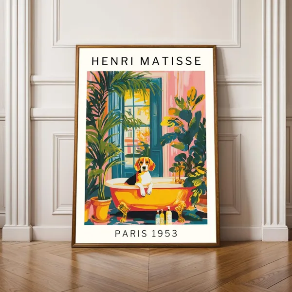 Matisse Beagle Painting, Vintage Gouache Art Print