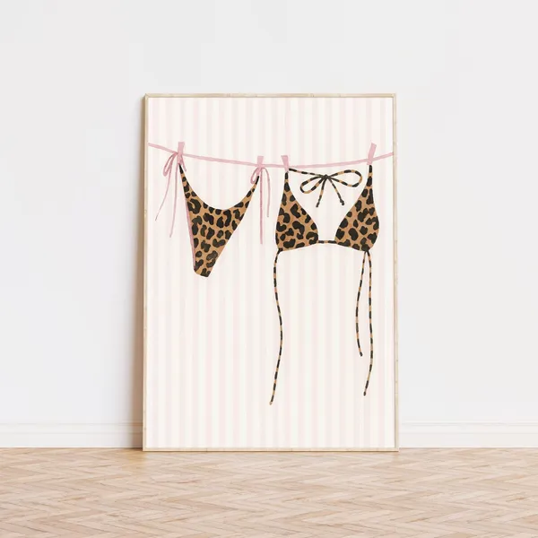 Leopard Bikini Print, Pink Stripes Coastal Decor