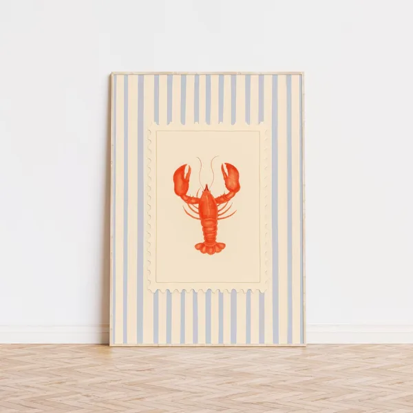 Lobster Striped Art Print, Preppy Beach Decor
