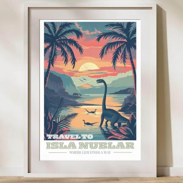 Retro Dinosaur Island Travel Poster Print
