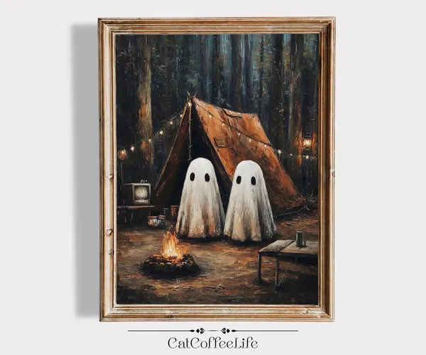 Camping Halloween Cozy Tent Scene, Rustic Fall Art Print