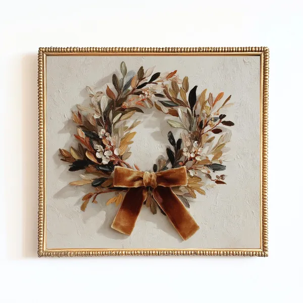 Neutral Autumn Wreath Art Print, Farmhouse Decor