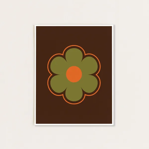 Green and Orange Flower Print, 70s Retro Floral Art