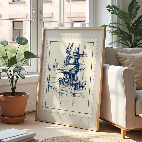 Paris Cafe Scene Vintage Stamp Style Art Print