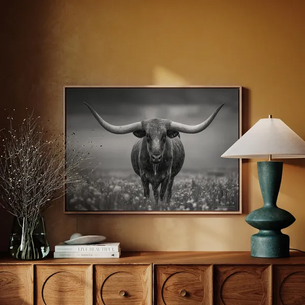 Texas Longhorn Art Print, Black And White Western