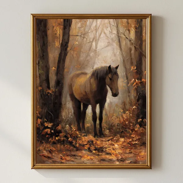 Rustic Horse Art Print, Moody Autumn Forest