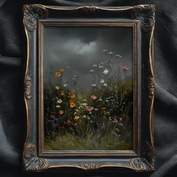 Dark Moody Floral Print, Vintage Flower Field Art Print