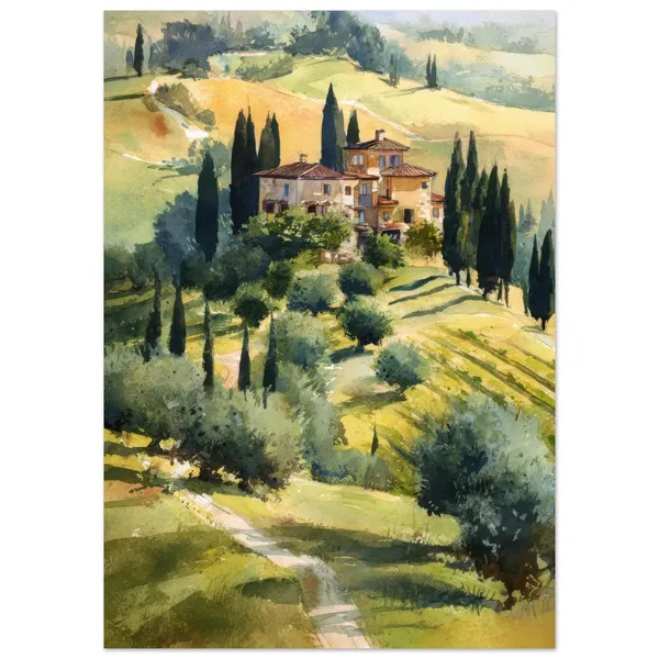 Tuscan Countryside Watercolor Art Print, Italy Landscape