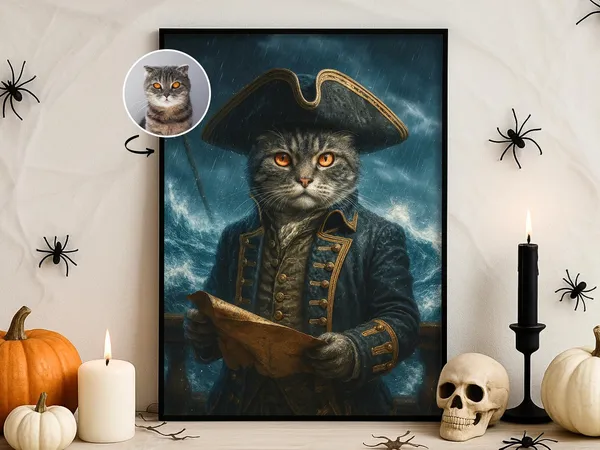 Pirate Admiral Pet Portrait, Custom Halloween Art Print